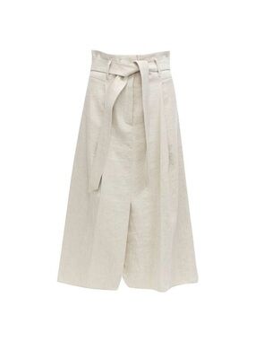 Brunello Cucinelli Cotton Linen Midi Skirt with Tie Belt Made In Italy